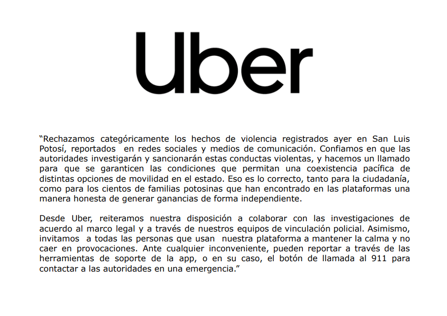 Uber Condena Violencia en SLP y Ofrece Colaboración para Investigaciones