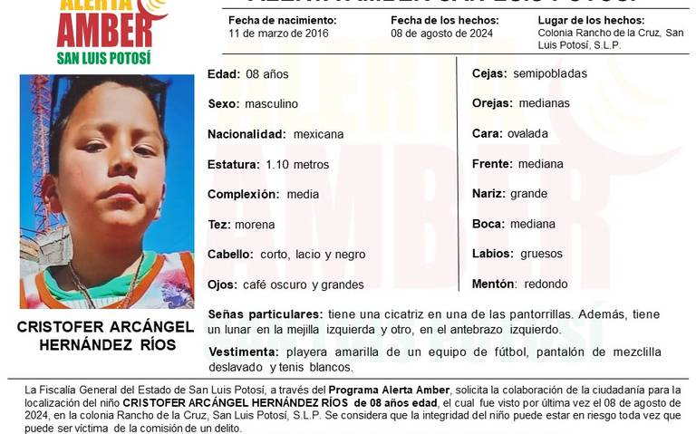 Activan Alerta Amber en SLP para localizar a Cristofer Arcángel, niño de 8 años desaparecido